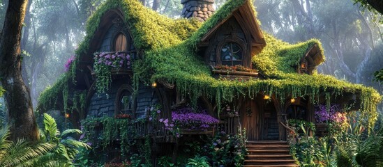 Aufkleber - Charming rustic farmhouse with moss-covered thatched roof surrounded by lush greenery and colorful plants in a tranquil forest setting