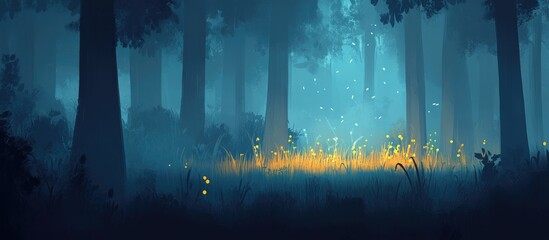 Aufkleber - Enigmatic forest scene with ethereal light illuminating vibrant grass in tranquil woodland setting