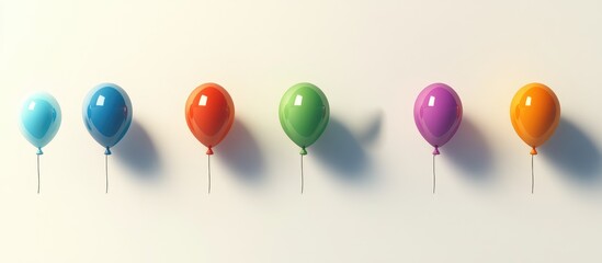 Poster - Colorful balloons in a row against a clean white background creating a festive and joyful atmosphere for celebrations and events