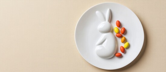 Aufkleber - Bunny shaped plate with colorful eggs and candy on a beige background for a festive and cheerful celebration concept