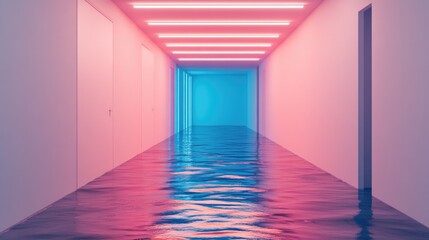Aufkleber - Neon Lit Corridor with Reflections on Wet Floor Creating an Atmospheric and Surreal Environment
