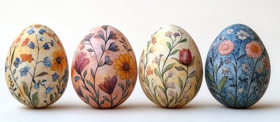 Aufkleber - Hand painted Easter egg collection featuring floral designs on a white background ideal for festive decorations and celebrations