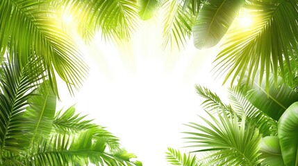Poster - Lush green palm leaves creating a vibrant tropical background with soft light illuminating the center ideal for summer themes and relaxation.