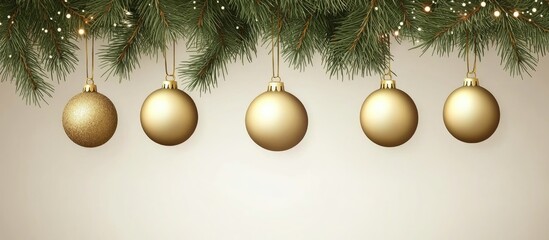 Aufkleber - Golden Christmas ornaments hanging gracefully from fir branches creating a festive and elegant holiday decoration scene
