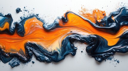 Poster - Abstract depiction of spilled oil with vibrant orange and deep blue swirls on a white background, showcasing fluid textures and striking color contrast, abstract art, modern design, creative expressio
