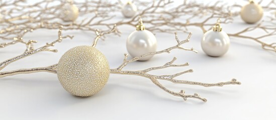 Poster - Elegant Christmas backdrop with gold twigs and shimmering ball ornaments for festive and seasonal design themes.