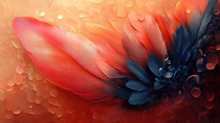 Poster - Colorful abstract composition with rooster feathers and water droplets creating a fluid and artistic background texture