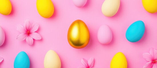 Aufkleber - Colorful Easter eggs on pink backdrop with decorative golden egg and flower accents for festive seasonal celebrations and decorations