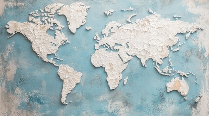Aufkleber - Textured blue wall with peeling paint and plaster featuring a raised relief world map design for creative and artistic backgrounds