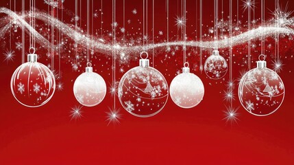 Poster - Elegant Christmas ornaments hanging against a vibrant red background with sparkling decorations and snowflakes. Perfect for festive designs.