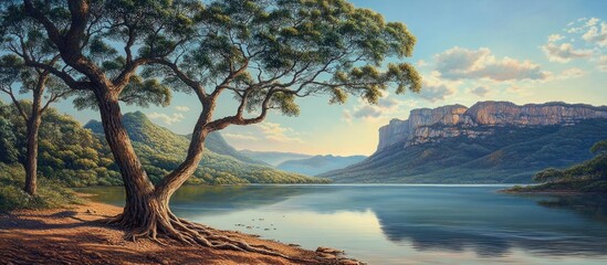 Poster - Tranquil river flowing through a lush valley surrounded by mountains and trees under a clear blue sky at sunrise
