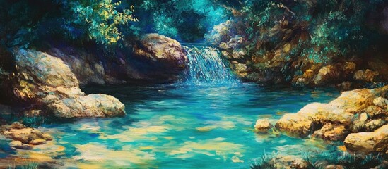 Aufkleber - Tranquil mountain river with cascading waterfall surrounded by lush greenery and vibrant reflections in crystal-clear water.