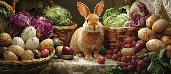 Poster - Easter celebration with bunny rabbit surrounded by colorful eggs and fresh produce in a rustic setting.