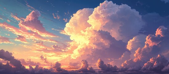 Poster - Vibrant Sunset Clouds with Warm Tones and Soft Light Creating a Serene Sky Atmosphere at Dusk