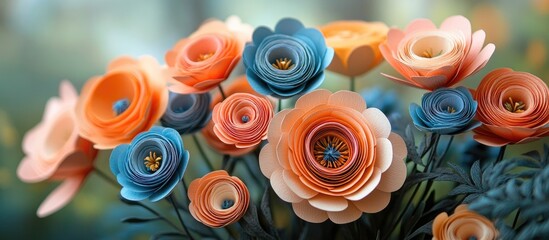 Poster - Vibrant bouquet of paper flowers in shades of blue and orange with a dreamy soft focus background showcasing intricate details and textures