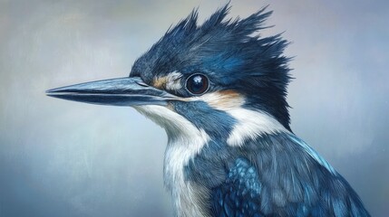 Aufkleber - Belted Kingfisher Close-Up Capturing Vibrant Feathers and Unique Features of This Striking Water Bird in a Serene Natural Background