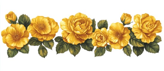 Aufkleber - Elegant arrangement of vibrant yellow roses with lush green leaves against a clean white background ideal for floral designs and decorations