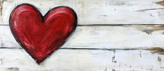 Poster - red heart painting against a rustic white wooden background symbolizing love and affection in art an
