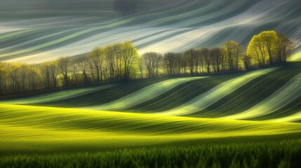 Poster - Vibrant lush green hills under a stunning colorful sunset showcasing a picturesque rural landscape with gentle rolling fields and trees.