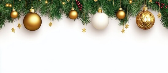 Poster - Elegant Christmas backdrop featuring lush green fir branches adorned with shiny golden and white ornaments for festive decoration.