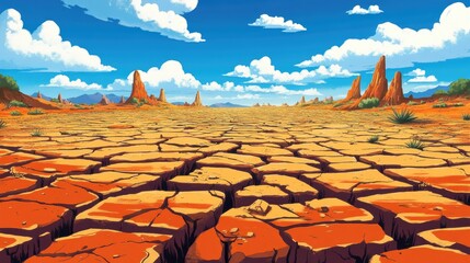 Poster - Desolate cracked desert landscape showcasing sediment layers under a bright blue sky with clouds and distant rock formations.