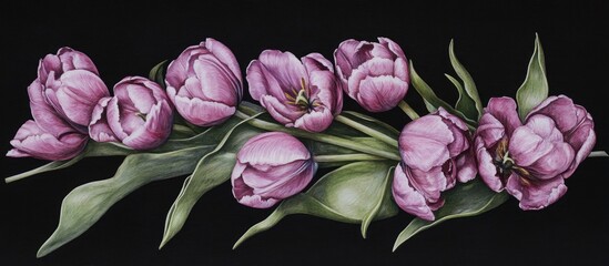 Poster - Elegant arrangement of violet tulips on contrasting background perfect for celebration and floral design inspiration