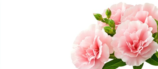 Aufkleber - Soft pink carnation flowers with green buds on a bright white background symbolizing freshness and elegance for floral design projects.