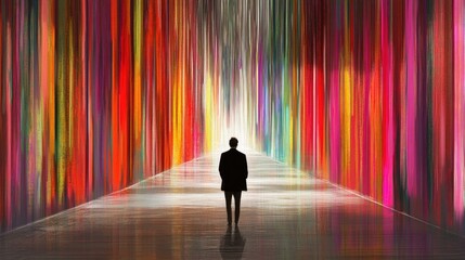 Poster - Vibrant abstract corridor with a silhouette of a person symbolizing exploration and discovery in a colorful surreal environment