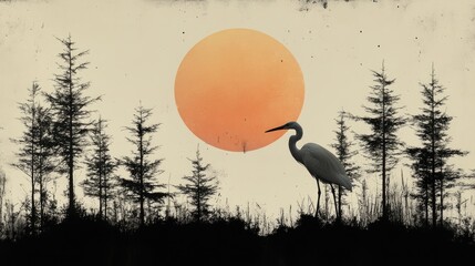 Poster - Silhouetted egret standing among trees with a large orange sun setting in the background creating a tranquil natural landscape scene