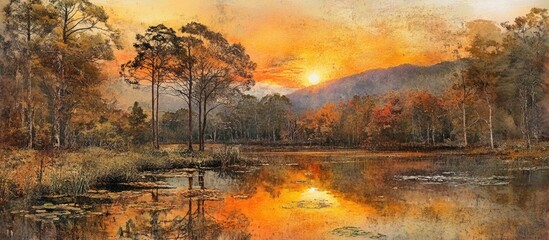 Aufkleber - Serene Sunset Reflection over a Tranquil Lake Surrounded by Trees and Mountains in a Vibrant Autumn Landscape