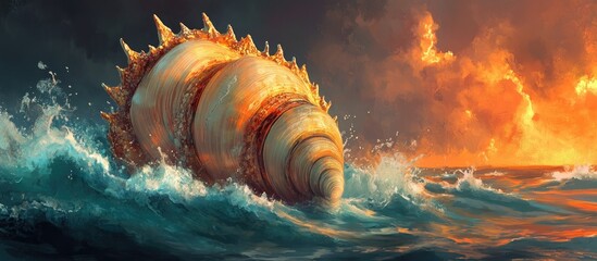 Poster - Majestic seashell emerging from ocean waves under a dramatic sunset sky with vibrant colors and dynamic water splashes