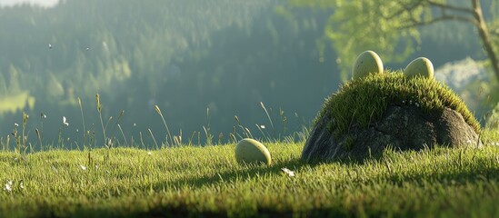 Poster - Lush green landscape with decorative Easter eggs nestled in grass on a serene spring day