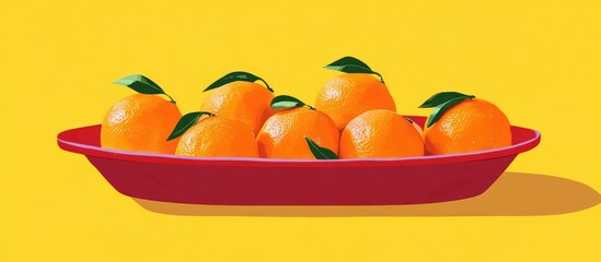 Poster - Mandarine oranges arranged in a red oval bowl with green leaves on a vibrant yellow background for a fresh and colorful display
