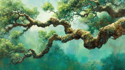 Poster - Lush green tree branches with textured bark in a serene forest setting evoking tranquility and natural beauty.
