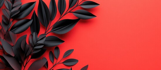 Poster - Blank square papers on a vibrant red background adorned with elegant black leaves for creative presentations and designs