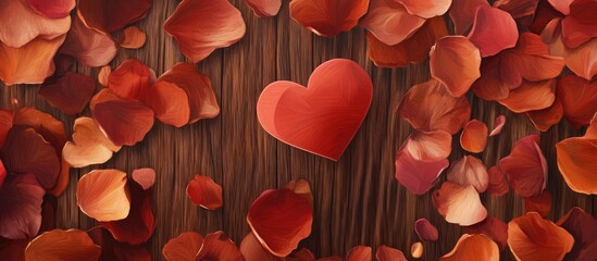 Poster - Heart shaped red rose petals scattered on a wooden background creating a romantic and warm atmosphere for love themed settings.