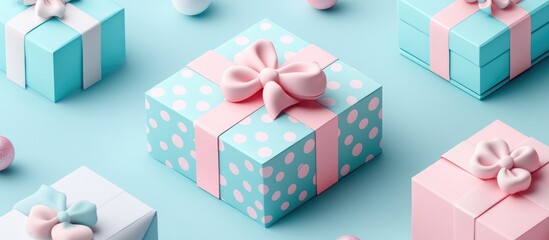 Poster - Charming 3D gift boxes with bows and polka dots in a vibrant isometric seamless pattern on a pastel blue background for festive occasions