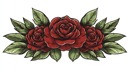 Aufkleber - Three intricately designed red roses with lush green leaves arranged harmoniously on a white background showcasing botanical beauty.