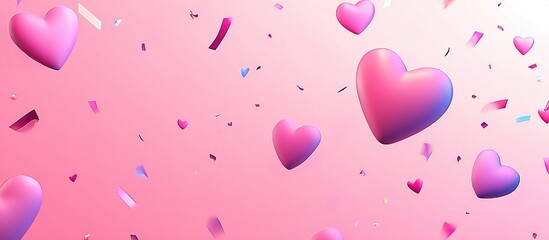 Poster - Valentine's Day celebration with colorful hearts and confetti on a soft pink background perfect for romantic themes and events