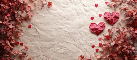 Aufkleber - Floral frame with dried flowers and heart-shaped confetti on crumpled beige background ideal for web design and creative projects copy space