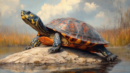 Poster - Western Painted Turtle basking on a rock in a serene wetland setting showcasing vibrant colors and natural habitat details.