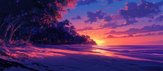 Poster - Tranquil beach sunrise with vibrant colors reflecting on calm waters and silhouettes of trees creating a serene morning atmosphere.