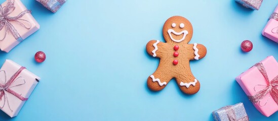 Poster - Gingerbread man surrounded by festive presents on a cheerful blue background for holiday themed seasonal decorations