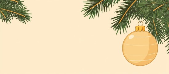 Poster - Golden Christmas ornament hanging from pine branches with a blank space for text on the left side, perfect for holiday greetings and promotions