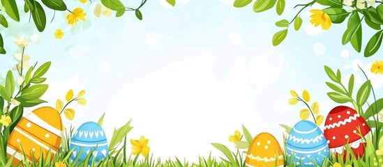 Poster - Easter celebration background with colorful eggs and flowers for spring themed online shopping and website design templates