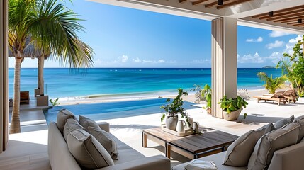 Wall Mural - a serene oceanfront villa with calming colors and a beach view