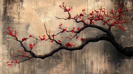 Poster - Cherry blossom branch with vibrant red flowers against an aged textured background reflecting traditional Asian art styles.