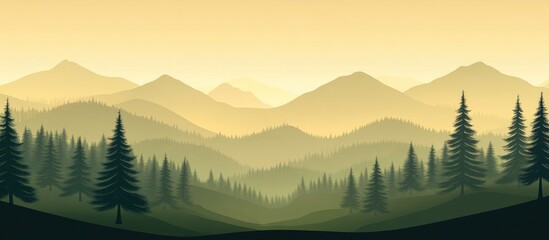 Aufkleber - Misty fog-covered mountain landscape with fir trees in a vintage retro style creating a serene and tranquil atmosphere for nature lovers