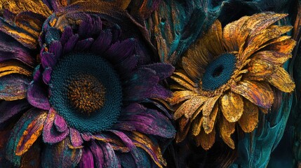 Poster - Vibrant Gerbera flowers in rich colors showcasing intricate details and textures against a dark artistic background