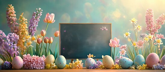Poster - Springtime floral backdrop with chalkboard space, featuring tulips, narcissus, hyacinths, and colorful decorated eggs for festive celebrations.
